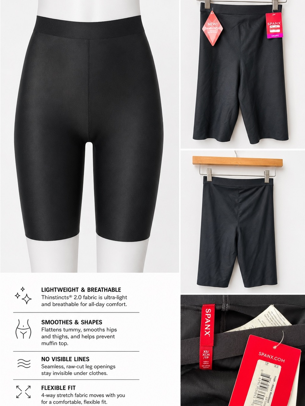 SPANX Thinstincts 2.0 Mid Thigh Shaper Shorts XS Black Seamless Slimming NWT